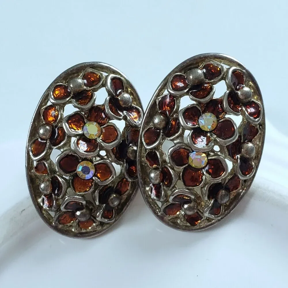 Vintage Earrings Silvertone Floral Enamel Rhinestone Classic Midcentury Clip Ons